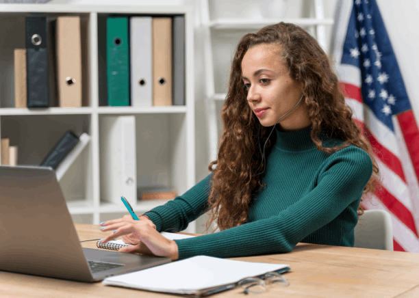 Student reviews an academic transcript translation with an expert at Translation in Des to meet university requirements.