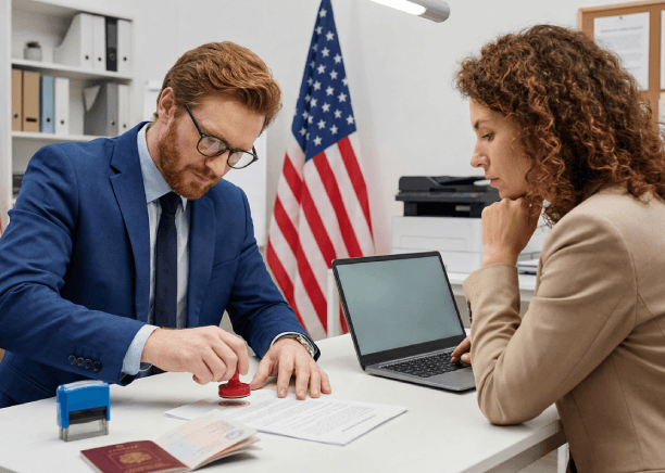 A translator verifies passport and birth certificate details for USCIS Translation Services in Ankeny at a secure desk.