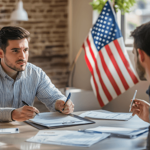 A translator reviews USCIS forms and a birth certificate, providing Translation Services in Urbandale to meet USCIS rules.